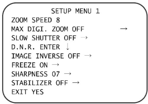 SETUP MENU 1 ZOOM SPEED 8 MAX DIGI. ZOOM OFF → SLOW SHUTTER OFF → D.N.R. ENTER ↓ IMAGE INVERSE OFF → FREEZE ON → SHARPNESS 07 → STABILIZER OFF → EXIT YES