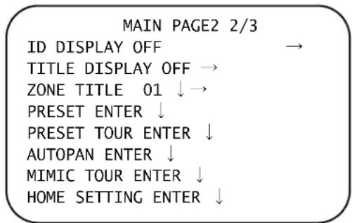 MAIN PAGE2 2/3 ID DISPLAY OFF → TITLE DISPLAY OFF → ZONE TITLE 01 ↓→ PRESET ENTER ↓ PRESET TOUR ENTER ↓ AUTOPAN ENTER ↓ MIMIC TOUR ENTER ↓ HOME SETTING ENTER ↓