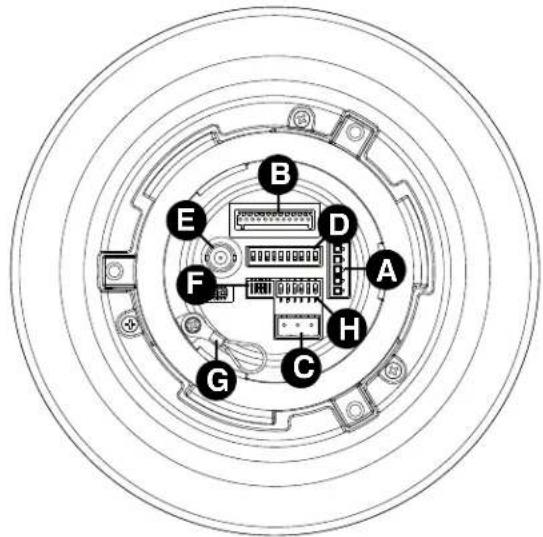 Diagram of a circular electronic component with labeled pins A through H, showing internal structure and connections.