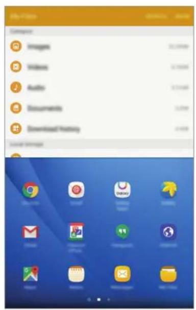Mobile app interface screenshot showing a list of app icons and a grid of app icons on a blue background.