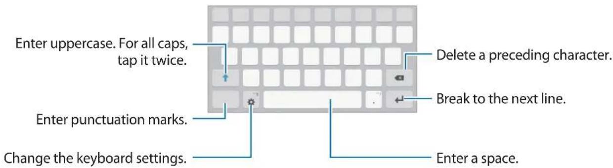 Enter uppercase. For all caps, tap it twice. Enter punctuation marks. Change the keyboard settings. Delete a preceding character. Break to the next line. Enter a space.