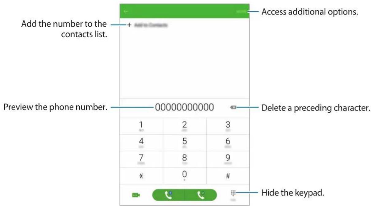 Add the number to the contacts list. + Add to Connects Preview the phone number. 00000000000 Access additional options. Delete a preceding character. Hide the keypad.