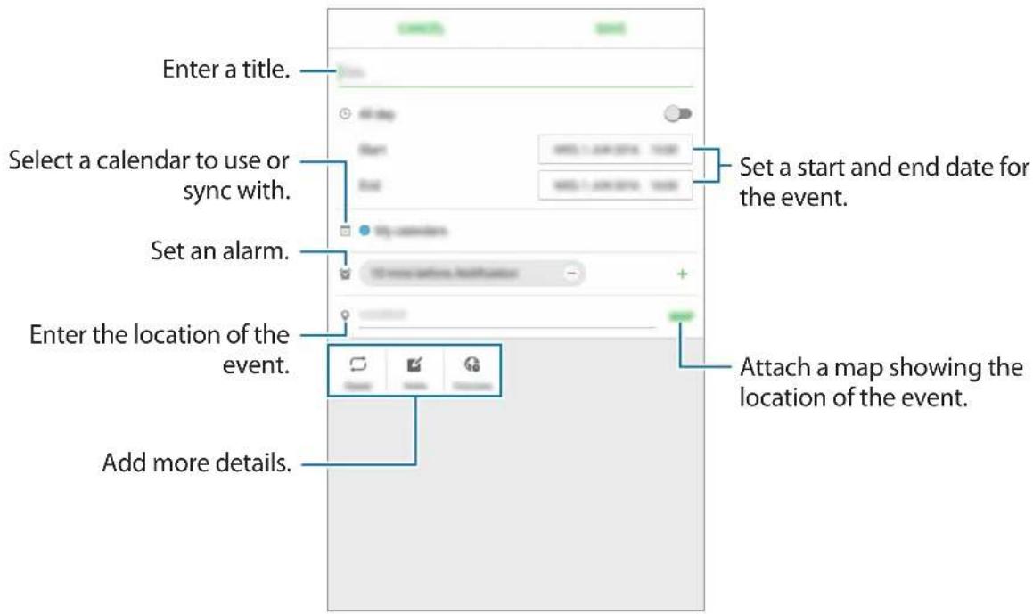 Enter a title. Select a calendar to use or sync with. Set an alarm. Enter the location of the event. Add more details. Set a start and end date for the event. Attach a map showing the location of the event.