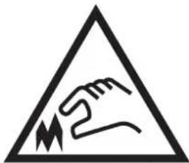 Warning sign depicting a hand holding a device with a lightning bolt symbol, commonly used in safety or hazard prevention.