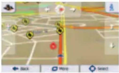Screenshot of a 3D navigation map interface with directional arrows and location markers, showing navigation buttons for Back, More, and Select.