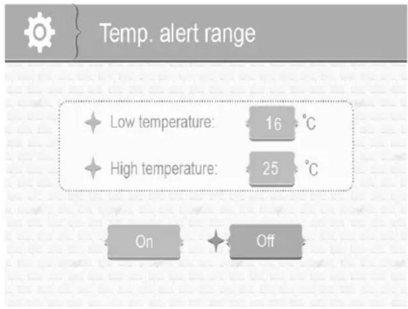 Temp. alert range Low temperature: 16 °C High temperature: 25 °C On Off