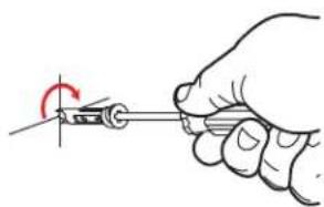 Hand holding a screwdriver with a circular motion indicator (no text or symbols)
