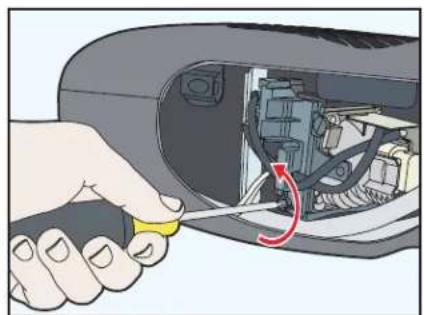 Illustration of a hand holding a tool near an open car engine compartment with visible wiring (no text or symbols)
