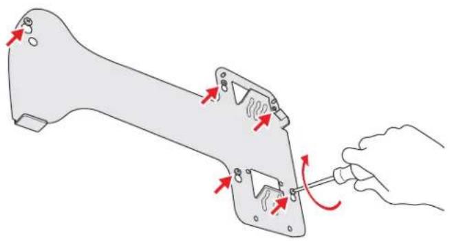 Diagram of a hand turning a tool into a mechanical bracket with red arrows indicating motion (no text or symbols)