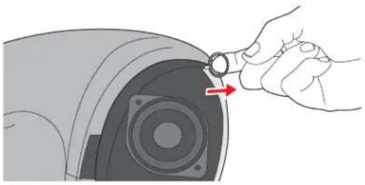 Illustration of a hand adjusting a camera lens component with a red arrow indicating rotation (no text or symbols)
