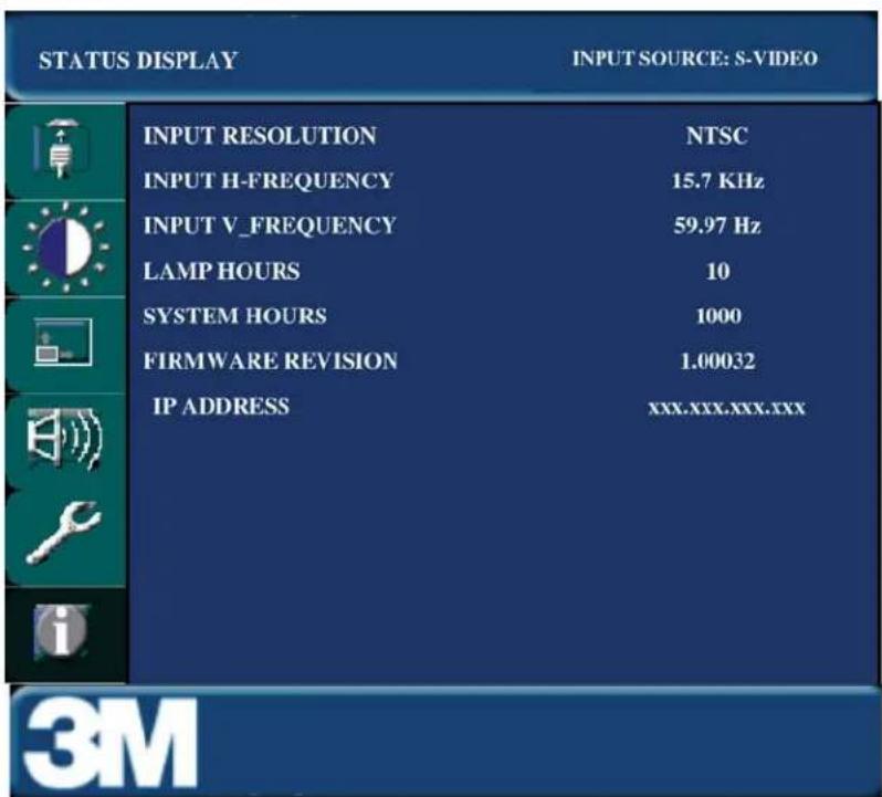 STATUS DISPLAY INPUT RESOLUTION INTSC INPUT H-FREQUENCY 15.7 KHz INPUT V_FREQUENCY 59.97 Hz LAMP HOURS 10 SYSTEM HOURS 1000 FIRMWARE REVISION 1.00032 IP ADDRESS XXX.XXX.XXX.IXX 3M