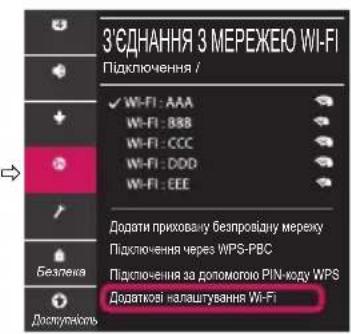 З'ЄДНАННЯ З МЕРЕЖЕЮ WI-FI Підключення / ✓ WI-FI: AAA WI-FI: BBB WI-FI: CCC WI-FI: DDD WI-FI: EEE Додати приховану безпровіду мережу Підключення через WPS-PBC Підсюпчення за допомогою PIN-коду WPS Додаткові налаштування WI-FI