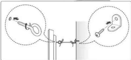 Diagram illustrating cable mounting technique with magnified insets showing rope knot and bracket attachment