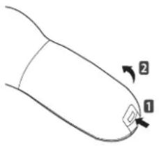 Diagram of a curved object with labeled parts 1 and 2, showing directional arrows indicating movement or orientation.