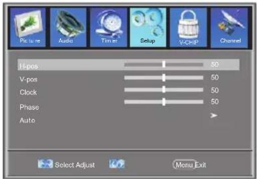 Picture Audio Timer Setup V-CHIP Channel H-pos 50 V-pos 50 Clock 50 Phase 50 Auto Select Adjust Menu Exit