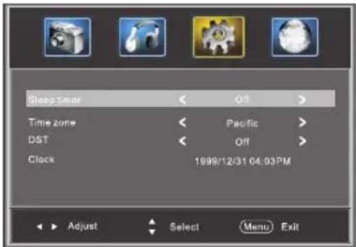 Sleep timer Time zone DST Clock 1999/12/31 04:03PM Off Pacific Off Adjust Select Menu Exit