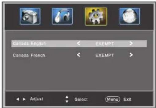Canada English EXEMPT Canada French EXEMPT Adjust Select Menu Exit