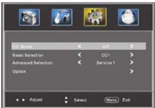 CC Mode Basic Selection Advanced Selection Option Off CC1 Service 1 Adjust Select Menu Exit
