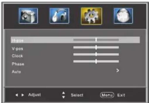 H-pos V pos Clock Phase Auto Adjust Select Menu Exit