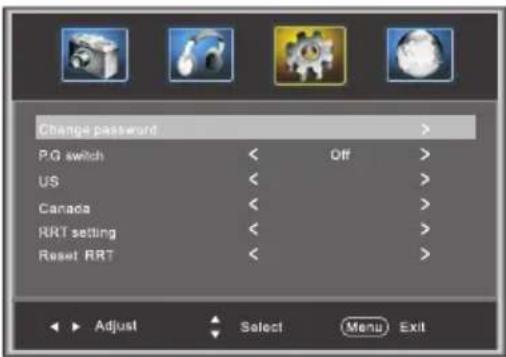 Change password PG switch US Canada RRT setting Reset RRT Off > > > > > > > > > > > > > > > > > > > > > > > > > > > > > > > > > > > > > > > ) Adjust Select Menu Exit