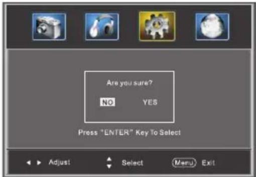 Are you sure? NO YES Press "ENTER" Key To Select Adjust Select Menu Exit