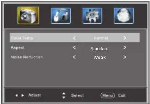 Color Temp Aspect Noise Reduction Normal Standard Weak Adjust Select Menu Exit