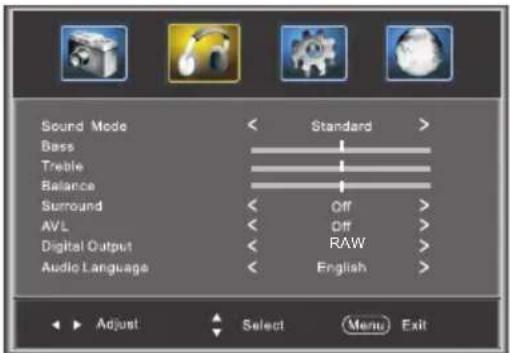 Sound Mode Bass Treble Balance Surround AVL Digital Output Audio Language Standard Off Off RAW English Adjust Select Menu Exit