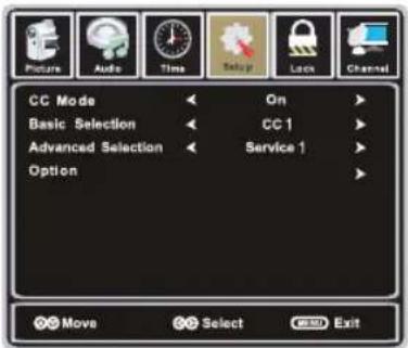 Picture Audio Time Setup Lock Channel CC Mode On Basic Selection CC 1 Advanced Selection Service 1 Option Move Select Exit