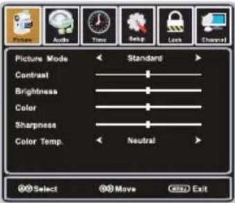 Picture Mode Contrast Brightness Color Sharpness Color Temp. Standard Neutral Select Move Exit