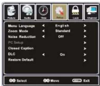 Menu Language Zoom Mode Noise Reduction PC Setup Closed Caption DLC Restore Default English Standard Off On Select Move Exit