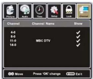 Picture Audio Time Setup Lock Channel Channel Name Show 4-0 8-0 11-0 MBC DTV 14-0 Move Press 'OK' change Exit