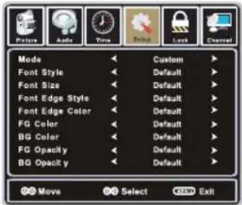 Mode Custom Font Style Default Font Size Default Font Edge Style Default Font Edge Color Default FG Color Default BG Color Default FG Opacity Default BG Opacity Default Move Select OK Exit