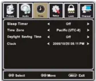 Sleep Timer Time Zone Daylight Saving Time Clock Off Pacific (UTC-8) Off 2005/10/31 08:11 PM Select Move Exit