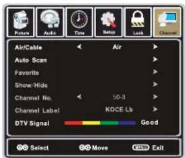 Air/Cable Auto Scan Favorite Show/Hide Channel No. 50-3 Channel Label KDCE Lb DTV Signal Good Select Move Exit