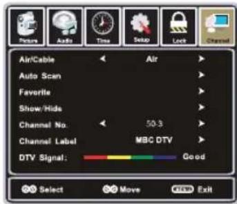 Air/Cable Auto Scan Favorite Show/Hide Channel No. Channel Label MBC DTV DTV Signal: Good Select Move Exit