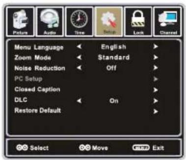 Menu Language Zoom Mode Noise Reduction PC Setup Closed Caption DLC Restore Default English Standard Off On Select Move Exit