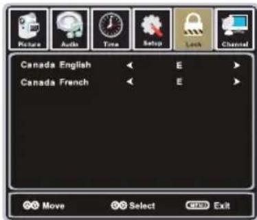 Picture Audio Time Setup Lock Channel Canada English E Canada French E Move Select OK Exit