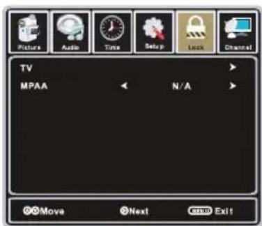Picture Audio Time Setup Lock Channel TV MPAA N/A Move Next Exit