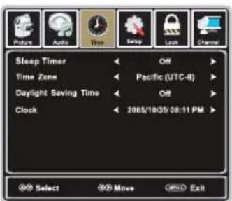 Sleep Timer Time Zone Daylight Saving Time Clock Off Pacific (UTC-8) Off 2005/10/31 08:11 PM OK Select OK Move Cancel Exit