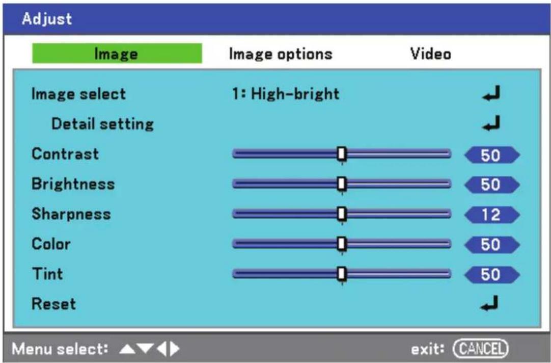 Adjust Image selection 1: High-bright Detail setting Contrast 50 Brightness 50 Sharpness 12 Color 50 Tint 50 Reset Menu select: ▲▼◀ exit: CANCEL
