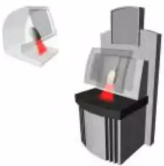 3D illustration of a laboratory instrument with a red laser beam and a close-up view of its screen (no text or symbols)