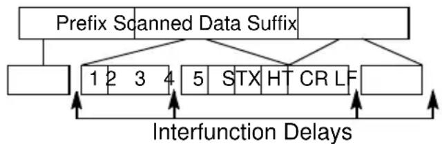 graph TD A["Prefix Scanned Data Suffix"] --> B["1 2 3 4 5 STX HT CR LF"] B --> C["Interfunction Delays"] C --> D["1 2 3 4 5 STX HT CR LF"]