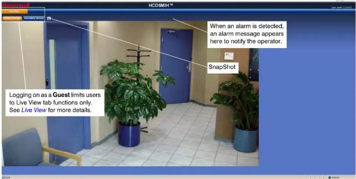 Honeywell HCD5MIH™ Live View Primary Window Secondary Window When an alarm is detected, an alarm message appears here to notify the operator. SnapShot Logging on as a Guest limits users to Live View tab functions only. See Live View for more details.