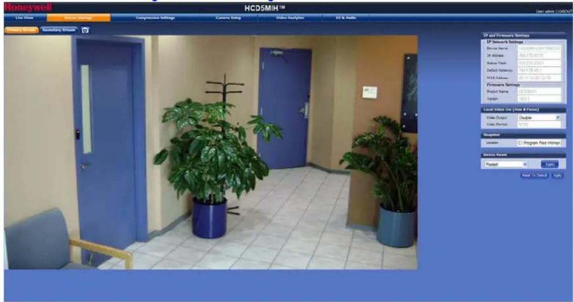 Honeywell HCD5MIH™ User admin: FUDOUT Line View Show Settings Compression Settings Camera Setup Video Analytics BD & Audio Primary Screen Secondary Stream UP and Firmware Settings SP Network Settings Device Name: 4200MH-1371WDC.30 DF Address: 964378.45.91 Subway Place: 206726.2002 Default Address: 5641756.45.1 MAC Address: 801916.0072.78 Firmware Settings Product Name: 4200MH Version: 10.1 Local Video One (Atom & Frame) Video Output: Double Video Partner: 6732 Scrapified Location: C:\Program Files\Honey\ Service Results: Project: Fully Name To Default Right