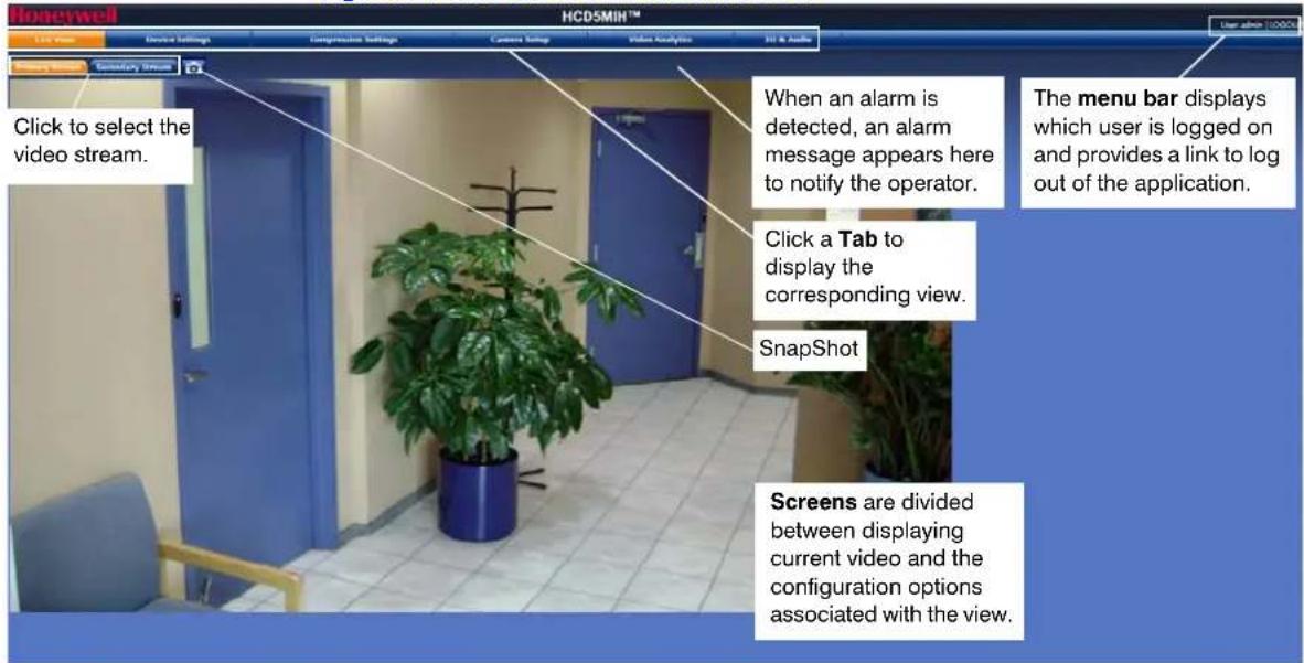 Honeywell HCD5MIH™ User admin 10000 Live video Device Settings Compression Settings Camera Settings Video Analytics Hill & Audio Inventory store Saturation store Click to select the video stream. When an alarm is detected, an alarm message appears here to notify the operator. The menu bar displays which user is logged on and provides a link to log out of the application. Click a Tab to display the corresponding view. SnapShot Screens are divided between displaying current video and the configuration options associated with the view.