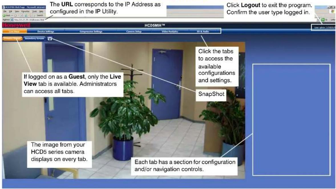 The URL corresponds to the IP Address as configured in the IP Utility. Click Logout to exit the program. Confirm the user type logged in. If logged on as a Guest, only the Live View tab is available. Administrators can access all tabs. SnapShot The image from your HCD5 series camera displays on every tab. Each tab has a section for configuration and/or navigation controls.