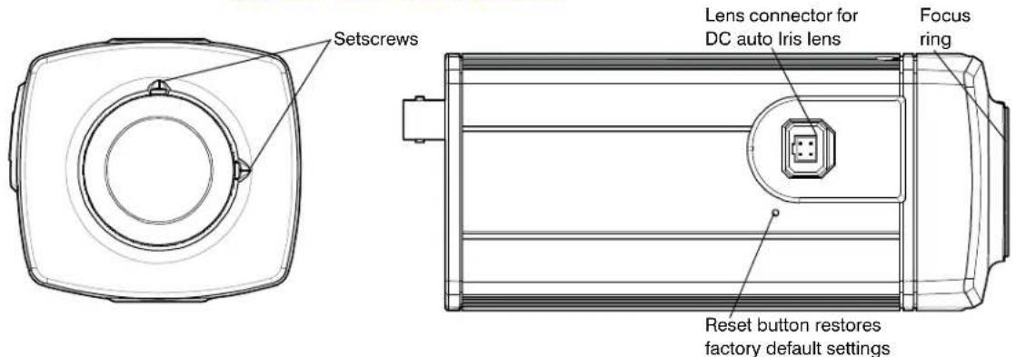 Setscrews Lens connector for DC auto Iris lens Focus ring Reset button restores factory default settings