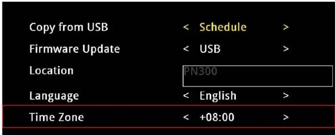 Copy from USB Firmware Update Location Language Time Zone < Schedule > < USB > PN300 < English > < +08:00 >