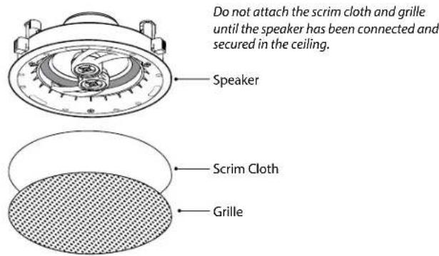 Do not attach the scrim cloth and grille until the speaker has been connected and secured in the ceiling. Speaker Scrim Cloth Grille