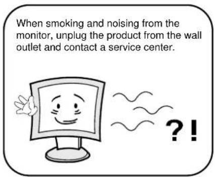 When smoking and noising from the monitor, unplug the product from the wall outlet and contact a service center.